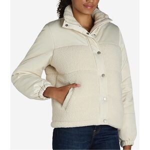 Time and Tru Mixed Media Puffer Almond Cream Jacket Sherpa Fleece Zip Up